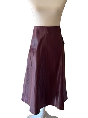 Women's Burgundy Faux Leather A-Line Midi Skirt Sz M NWT